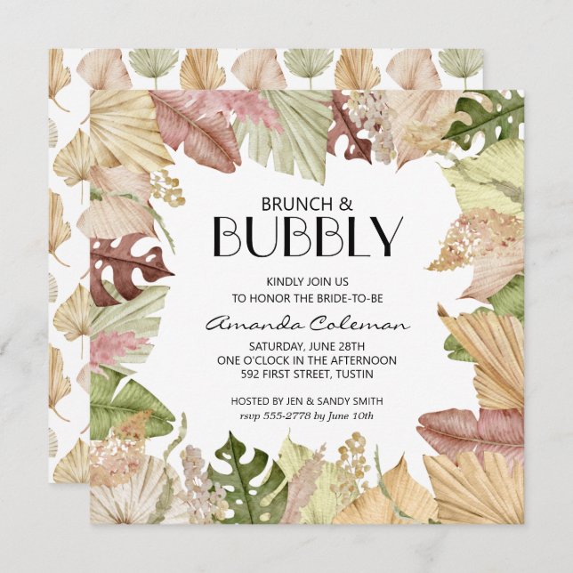 Brunch Bubbly Tropical Leaves Bridal Shower Invite (Front/Back)