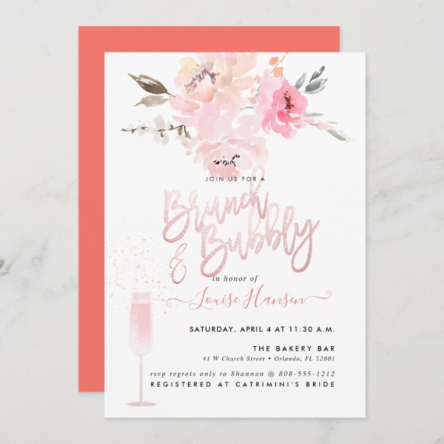 Brunch+Bubbly, Watercolor Blush Pink Peonies Invitation (Front/Back)