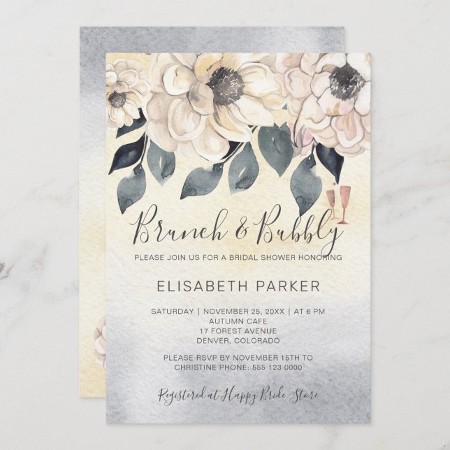 Brunch & bubbly watercolor floral bridal shower invitation (Front/Back)