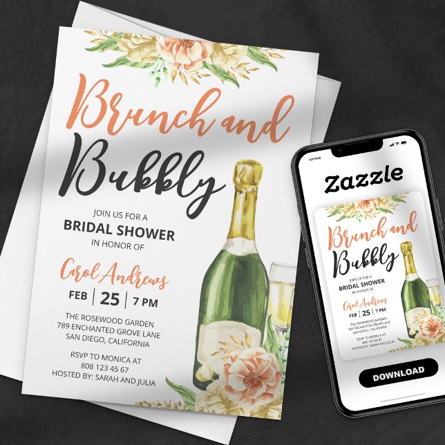 Brunch & Bubbly Watercolor Floral Bridal Shower Invitation (Creator Uploaded)