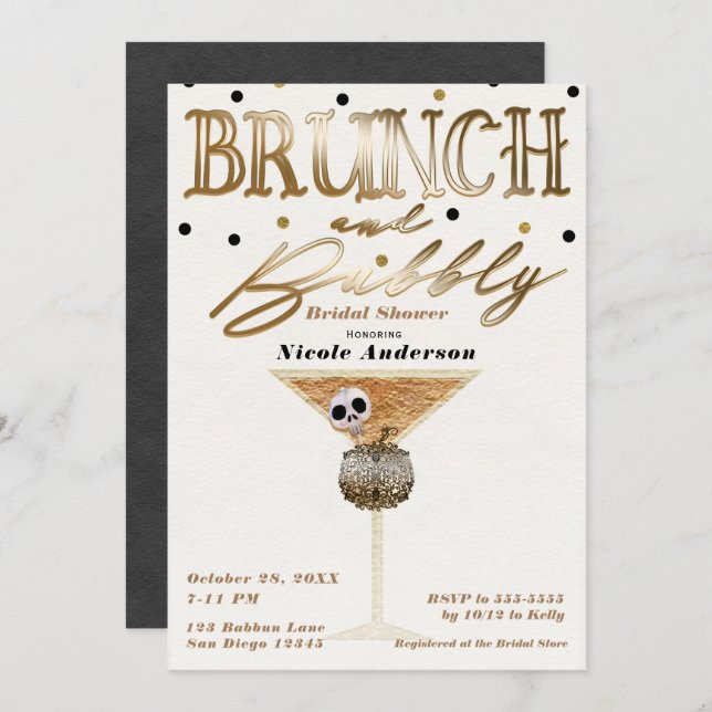 Brunch & Bubbly Wine Gold Halloween Bridal Shower Invitation (Front/Back)