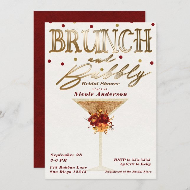 Brunch & Bubbly Wine Gold Red Fall Bridal Shower Invitation (Front/Back)