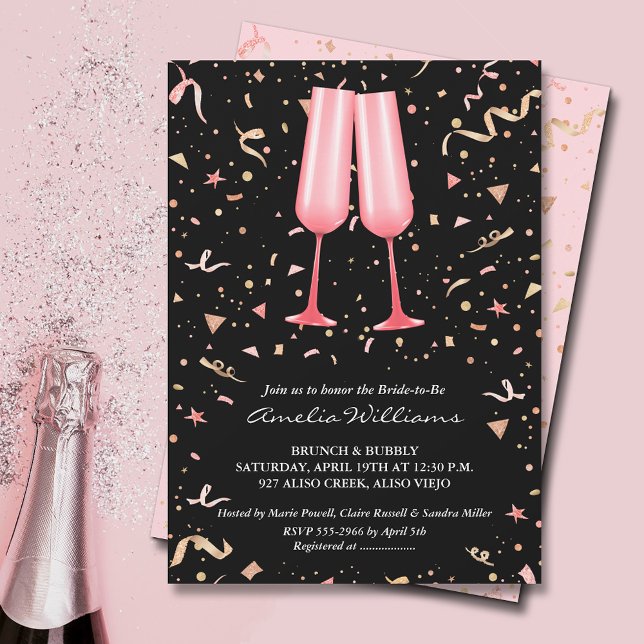 Brunch Champagne Bridal Shower Invitation (Pink champagne glasses and streamers on black bridal shower invitations)