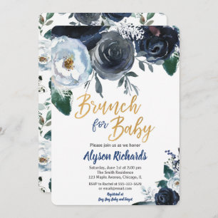 Brunch for baby boy shower invitations peony blue