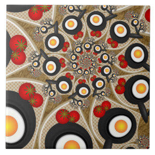 Brunch Fractal Art Funny Food, Tomatoes, Eggs Ceramic Tile