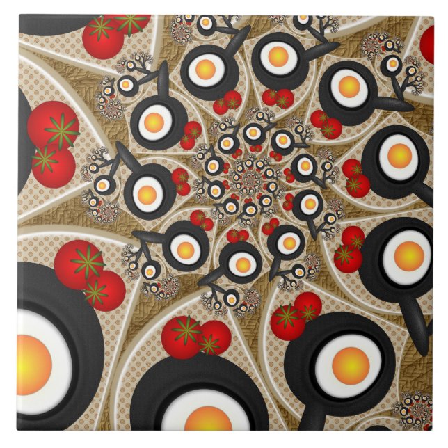 Brunch Fractal Art Funny Food, Tomatoes, Eggs Ceramic Tile (Front)