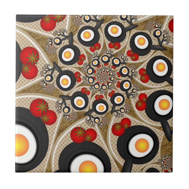 Brunch Fractal Art Funny Food, Tomatoes, Eggs Ceramic Tile (Front)