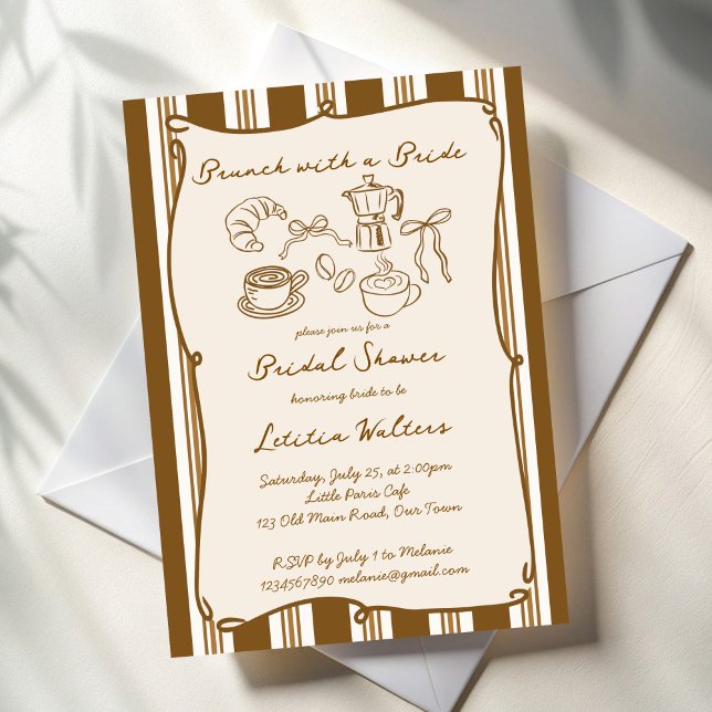 Brunch with bride retro coffee bridal shower invitation (Brunch with a bride retro brown stripes coffee bridal shower invitation cards template )