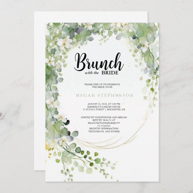 Brunch with the Bride Gold Greenery Bridal Shower Invitation (Front/Back)