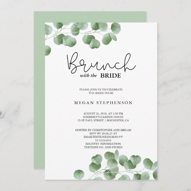 Brunch with the Bride Gold Greenery Bridal Shower Invitation (Front/Back)