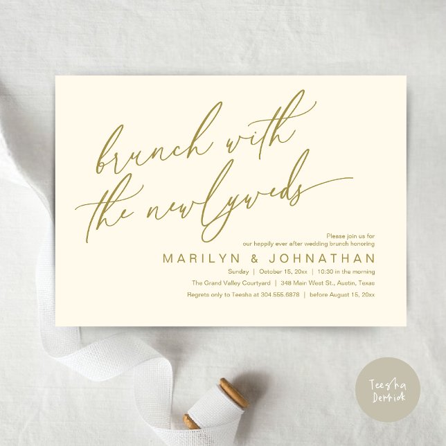 Brunch With The Newlyweds, Post Wedding Celebrate Invitation (Brunch With The Newlyweds, Romantic Modern Post Wedding Celebrate Invitation Card PDF Yellow Gold)