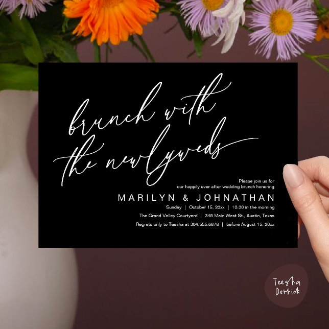 Brunch With The Newlyweds, Post Wedding Celebrate Invitation (Brunch With The Newlyweds, Romantic Modern Post Wedding Celebrate Invitation Card PDF Classy Black)