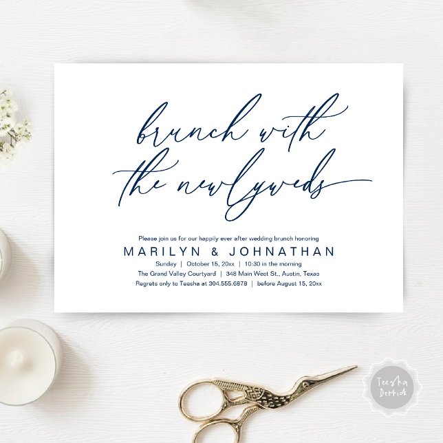Brunch With The Newlyweds, Post Wedding Celebrate Invitation (Brunch With The Newlyweds, Romantic Modern Post Wedding Celebrate Invitation Card PDF Navy Blue)