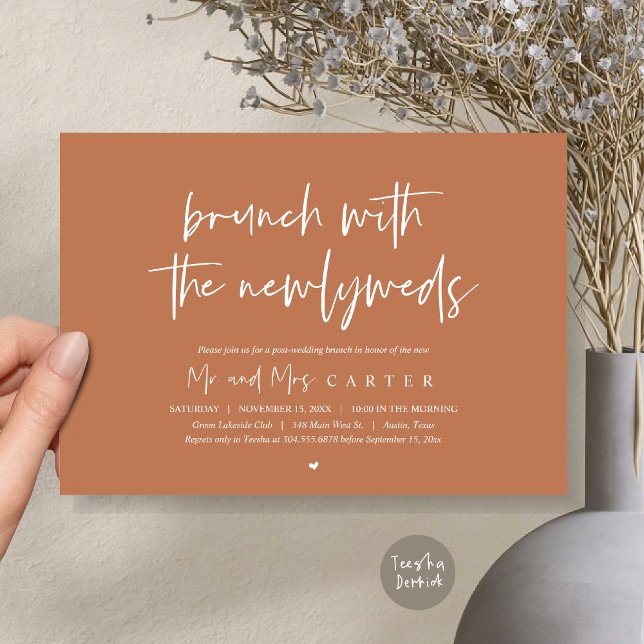 Brunch with the newlyweds, post wedding, in Copper Invitation (Brunch with the newlyweds, post wedding elopement invitation card, pdf, in copper rust brown)