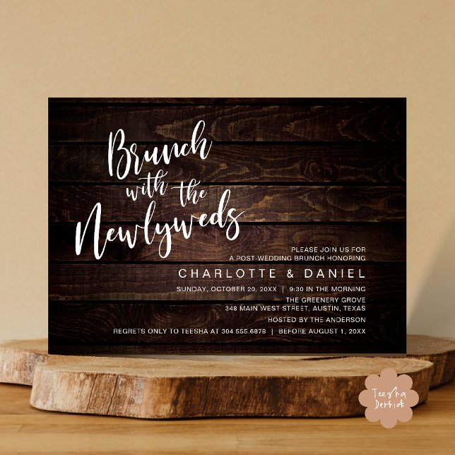 Brunch with the newlyweds, Wedding Elopement Invitation (Brunch with the newlyweds, Post Wedding Elopement Invitation Card PDF Cottage Dark Wood Background)