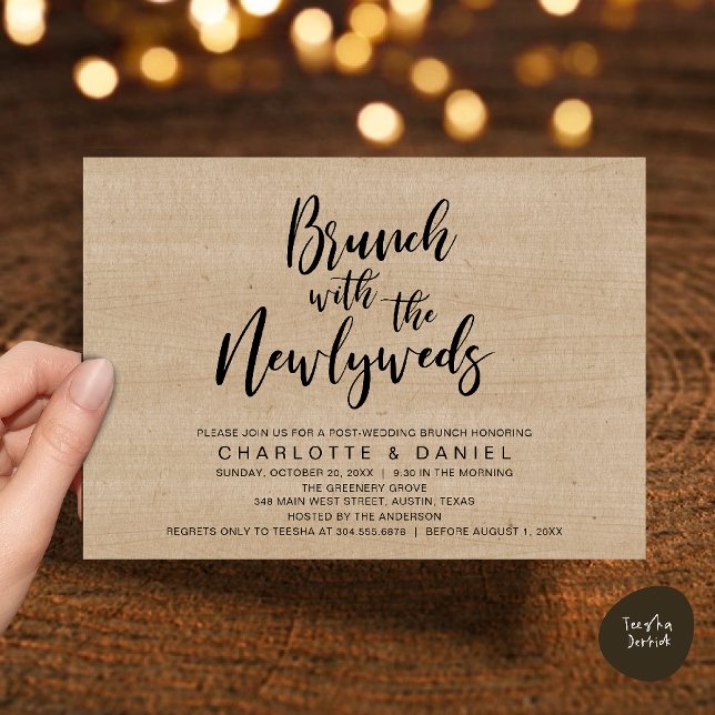 Brunch with the newlyweds, Wedding Elopement Invitation (Brunch with the newlyweds, Post Wedding Elopement Invitation Card PDF Cottage Brown Wood Background)