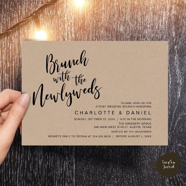 Brunch with the newlyweds, Wedding Elopement Invitation (Brunch with the newlyweds, Post Wedding Elopement Invitation Card PDF Cottage Brown Wood Background)