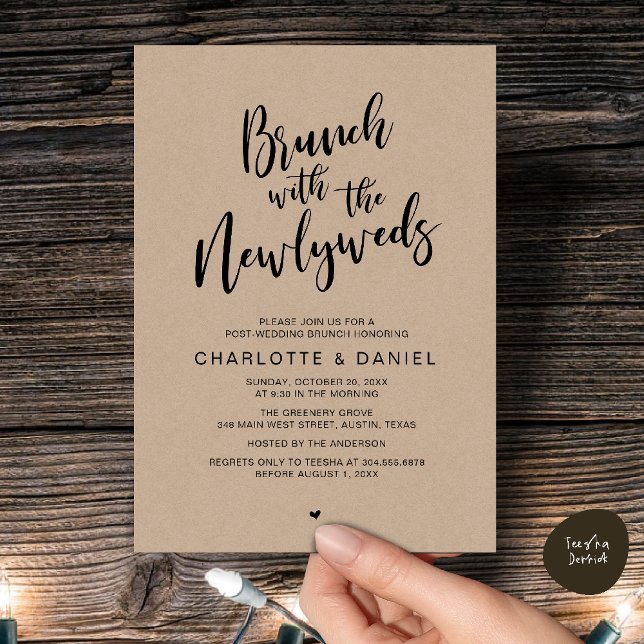 Brunch with the newlyweds, Wedding Elopement Invitation (Brunch with the newlyweds, Post Wedding Elopement Invitation Card PDF Cottage Brown Wood Background)