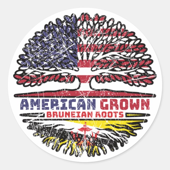 Brunei Bruneian American USA Tree Roots Flag Classic Round Sticker (Front)