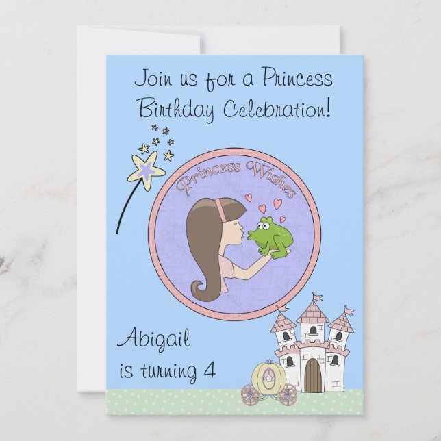 Brunett Princess, Frog and Unicorn Birthday Invite (Front)