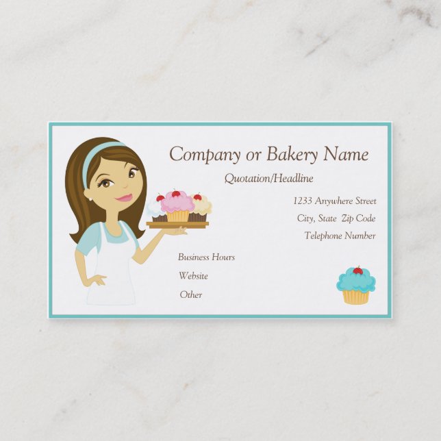 Brunette/Aqua Cupcake Baker/Bakery 2 Business Card (Front)