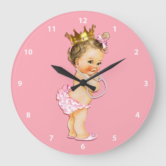 Brunette Baby Princess and Pearls Pink Large Clock (Front)
