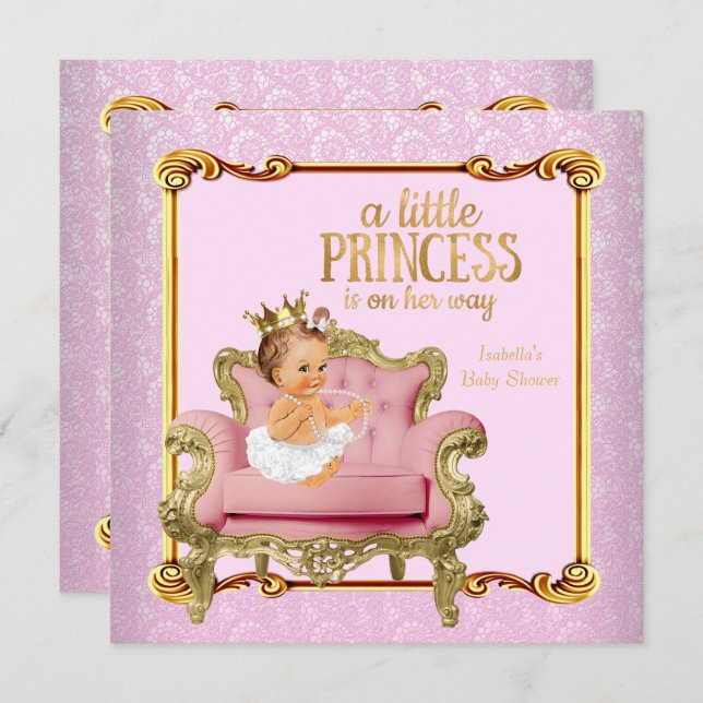 Brunette Baby Princess Baby Shower Pink Gold Chair Invitation (Front/Back)