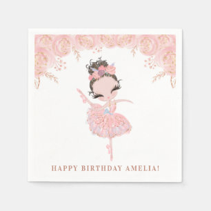 Brunette Ballerina in Pink Dress Floral Birthday Napkin