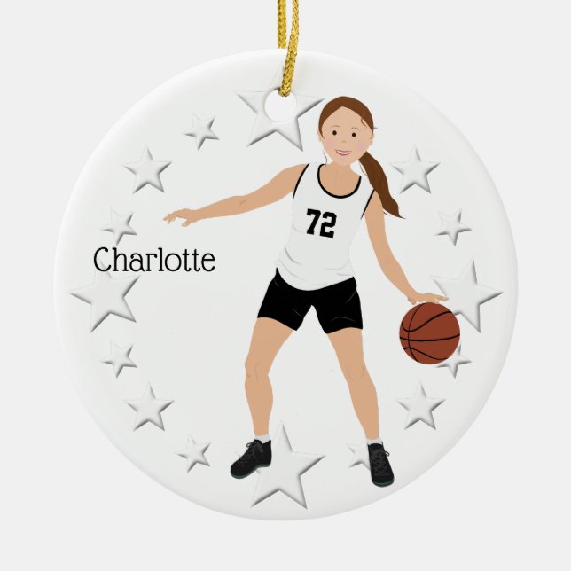 Brunette Basketball Girl In Black And White Ceramic Ornament (Front)