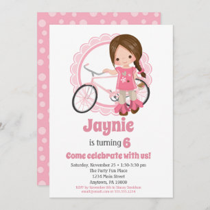 Brunette Bicycle Girl Birthday Invitation