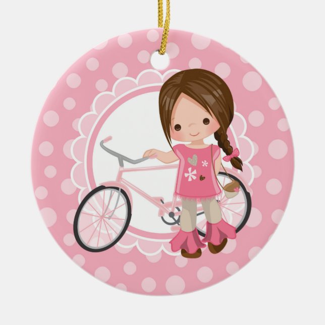 Brunette Bicycle Girl - Pink White Ceramic Ornament (Front)