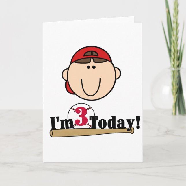 Brunette Boy Baseball 3rd Birthday Tshirts Card (Front)