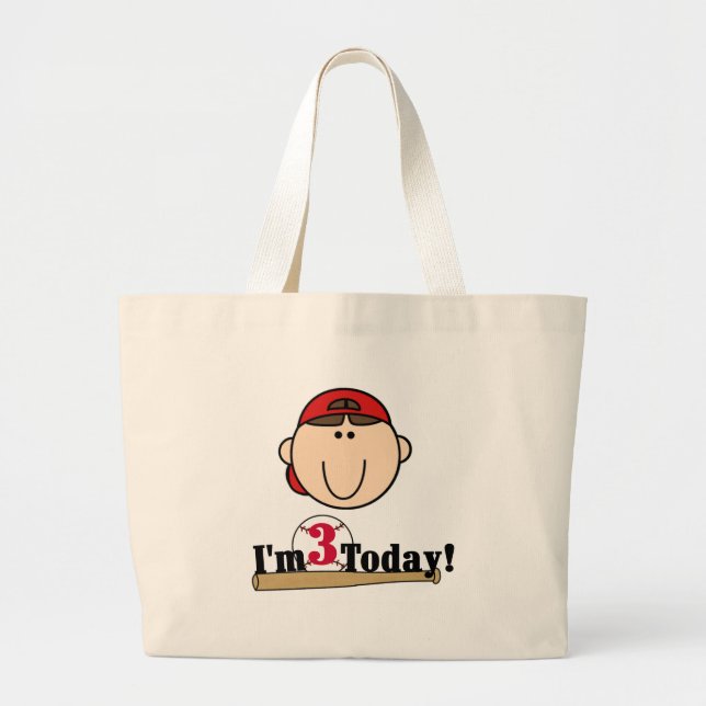 Brunette Boy Baseball 3rd Birthday Tshirts Large Tote Bag (Front)