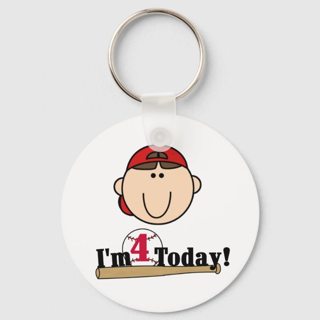 Brunette Boy Baseball 4th Birthday Key Ring (Front)