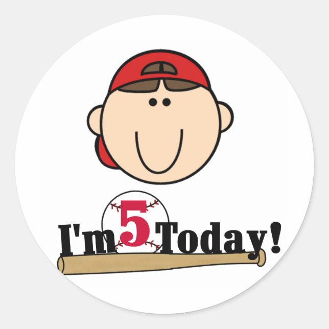 Brunette Boy Baseball 5th Birthday Classic Round Sticker (Front)