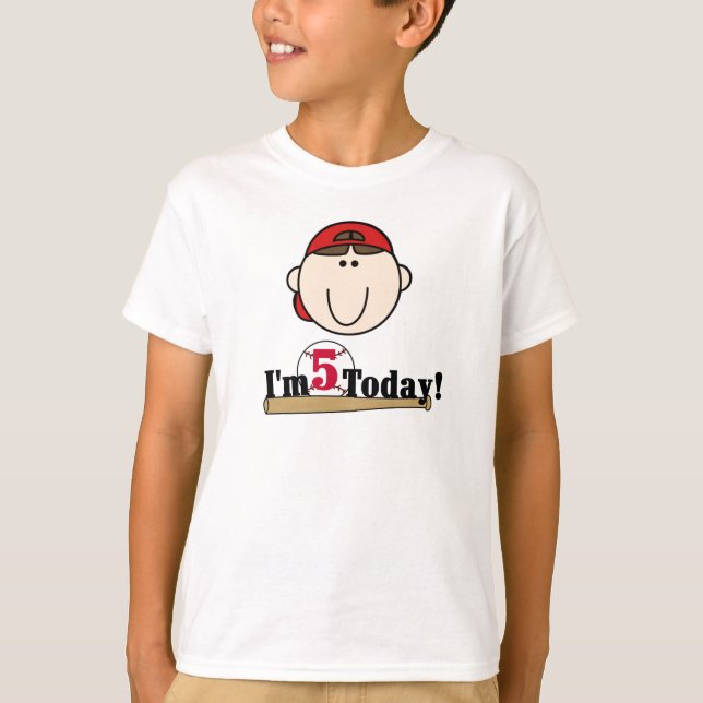 Brunette Boy Baseball 5th Birthday T-Shirt (Front)