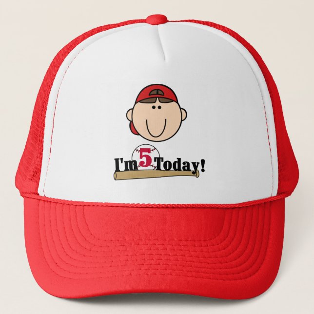 Brunette Boy Baseball 5th Birthday Trucker Hat (Front)