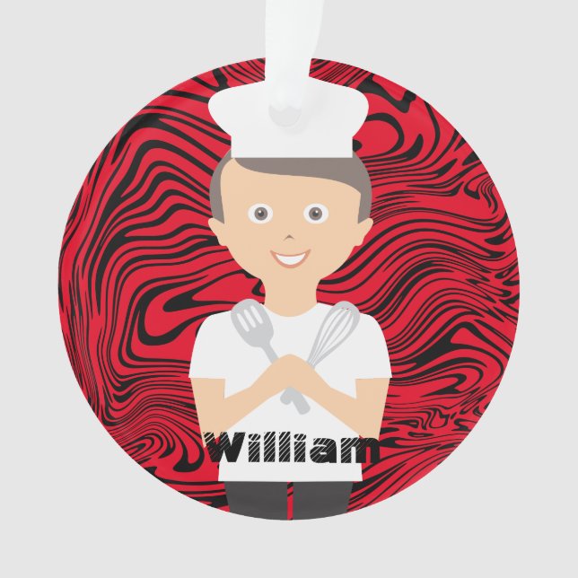 Brunette boy chef hat cooking baking personalized ornament (Front)