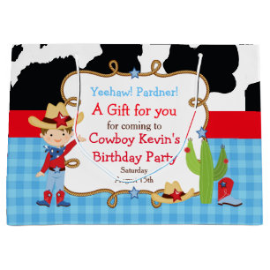 Brunette Boy Cowboy Western Birthday Thank You Large Gift Bag