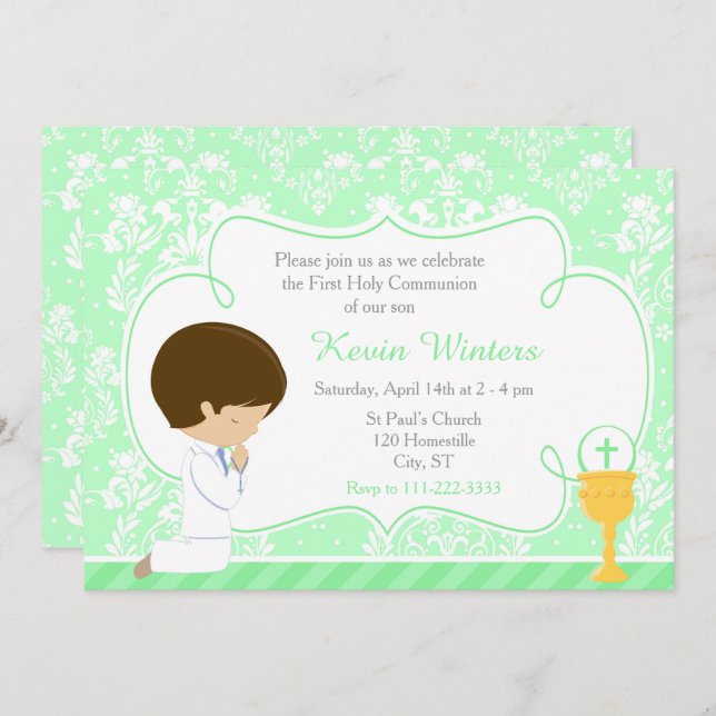 Brunette Boy First Communion Damask Invitation (Front/Back)