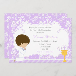 Brunette Boy First Communion Damask Invitation