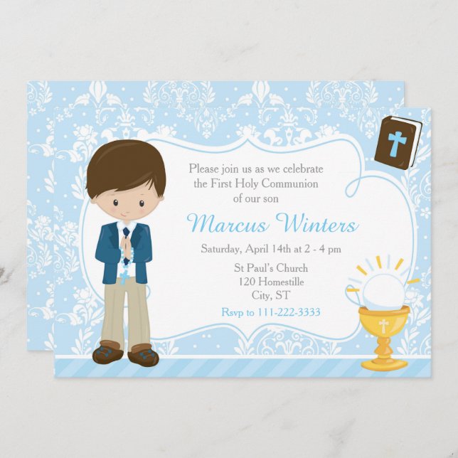Brunette Boy First Communion Damask Invitation (Front/Back)