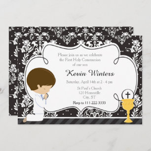 Brunette Boy First Communion Damask Invitation