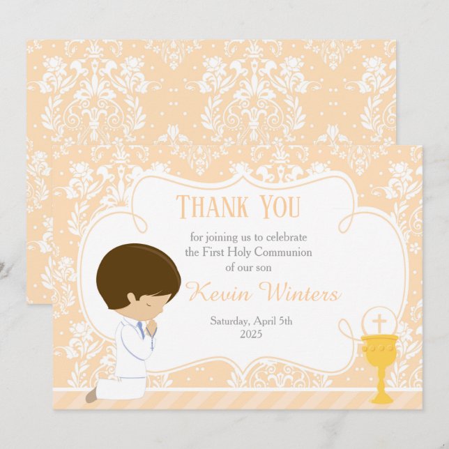 Brunette boy First Communion Damask Thank You Card (Front/Back)