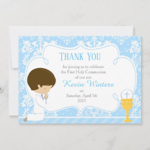 Brunette Boy First Communion Damask Thank You Card