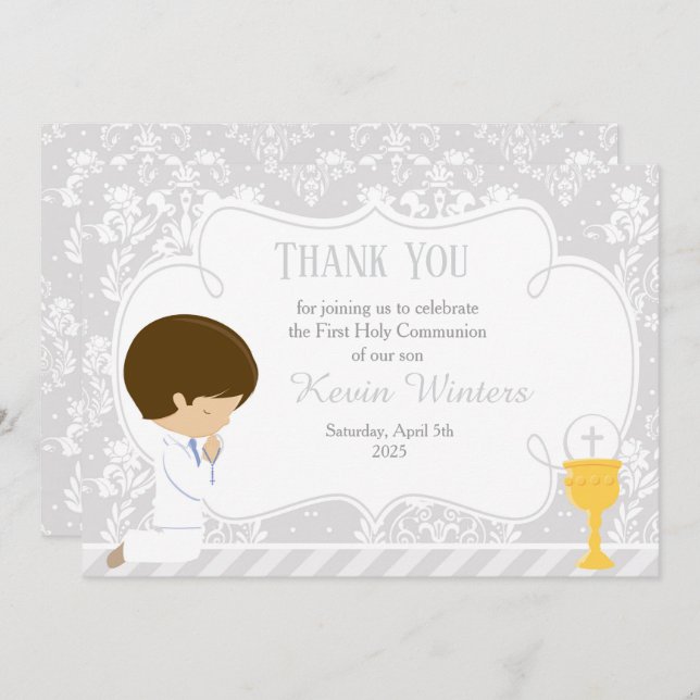 Brunette boy First Communion Damask Thank You Card (Front/Back)