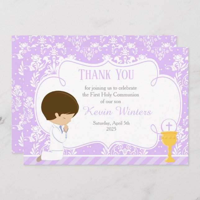Brunette boy First Communion Damask Thank You Card (Front/Back)