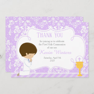 Brunette boy First Communion Damask Thank You Card