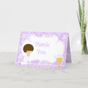 Brunette Boy First Communion Damask  'Thank You' Thank You Card