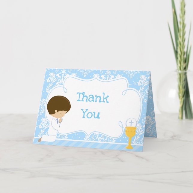Brunette Boy First Communion Damask  'Thank You' Thank You Card (Front)